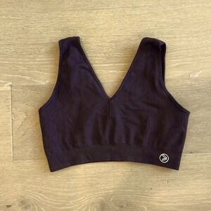 Savvy Ashtanga Sports Bra V-Neck Ribbed Brown Medium Athletic Crop Top Gym